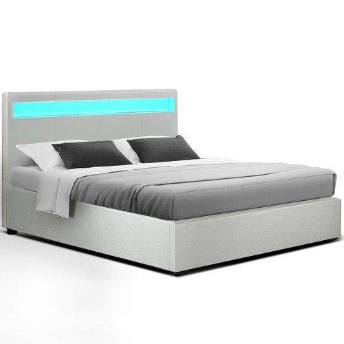 Artiss Bed Frame Bedside Tables Queen Double Size RGB LED Gas Lift Base Storage - Picture 2 of 22