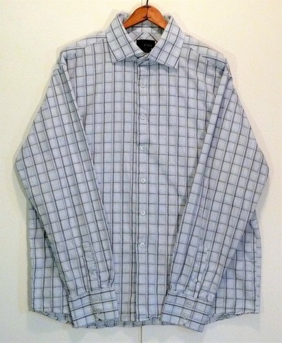 UTOPIA Mens L White Blue Black Gray Plaid 2 Button Cuff Long Sleeve Dress Shirt - Picture 3 of 4