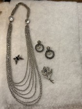 AVON Silver Tone X Long Multi-Strand Necklace Paired W/ Earrings, Pin & Earrings