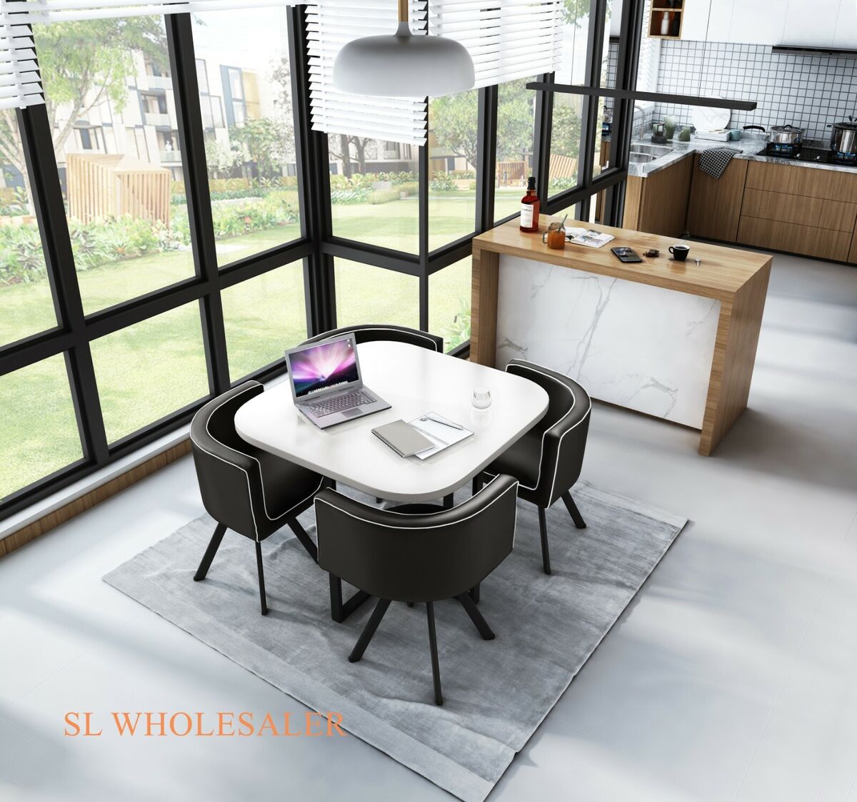 Florence square kitchen table and 4 upholstered chairs in Dove Grey. Extending kitchen dining table set with 4 chairs. 31 wood Dining table and 4 chairs Cafe restaurant..