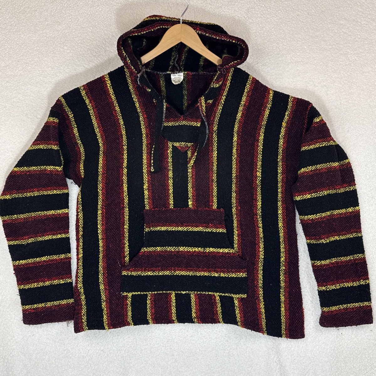 Vel Mex Men's Large Maroon Red Pink Stripe Hoodie Drug Rug Baja Pullover