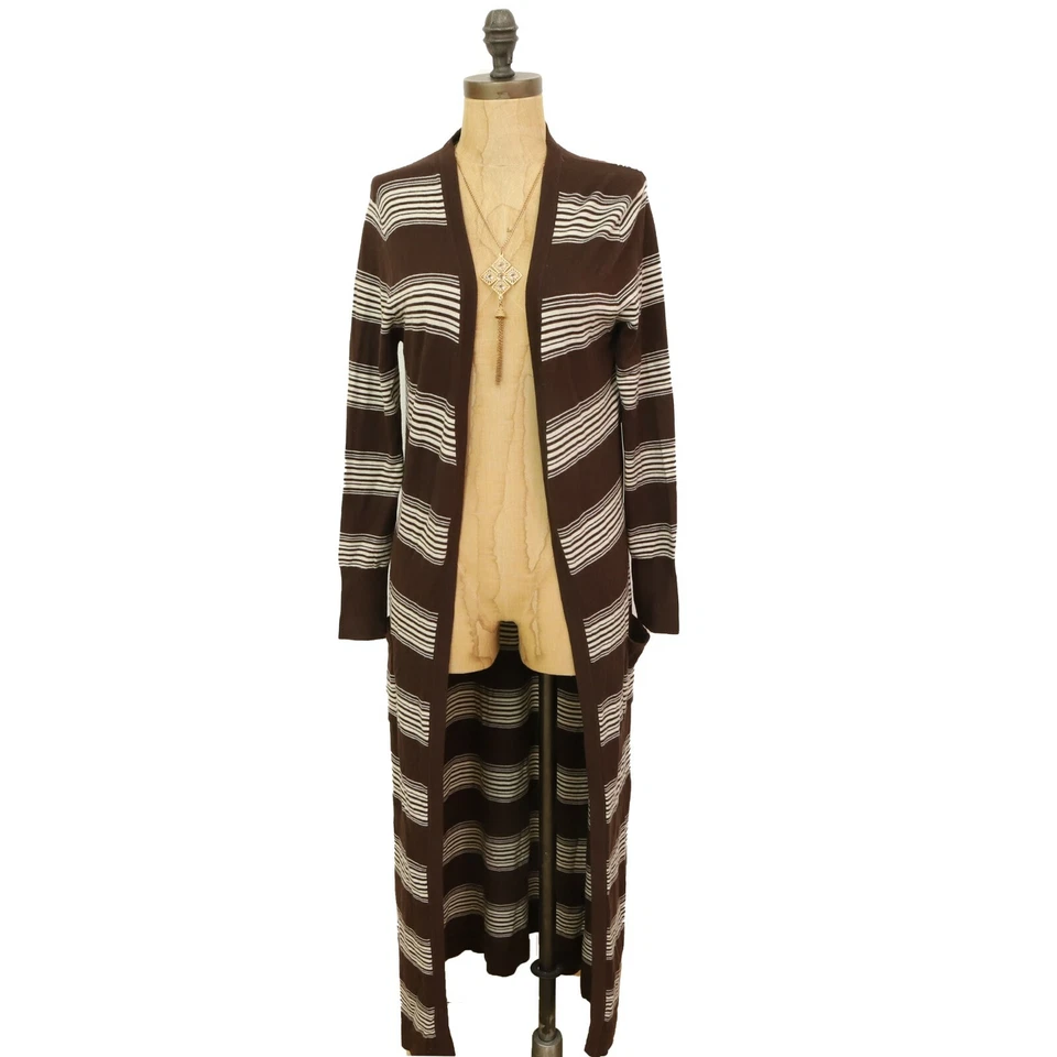 Vertigo Longline Duster Cardigan Sweater L  Coffee Vanilla Black Striped  B89 - Image 3 of 4