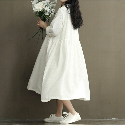 Women Cotton Linen Shirt Dress Long Sleeve Loose Lolita Fairy Princess 