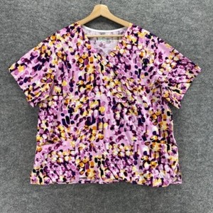 Bring It On Scrub Top Women 2X Plus Purple Geometric V-Neck Short Sleeve Cotton