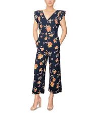Rachel Roy Womens Size XS Floral Print Ruffled-Sleeve Cropped Jumpsuit Navy $129