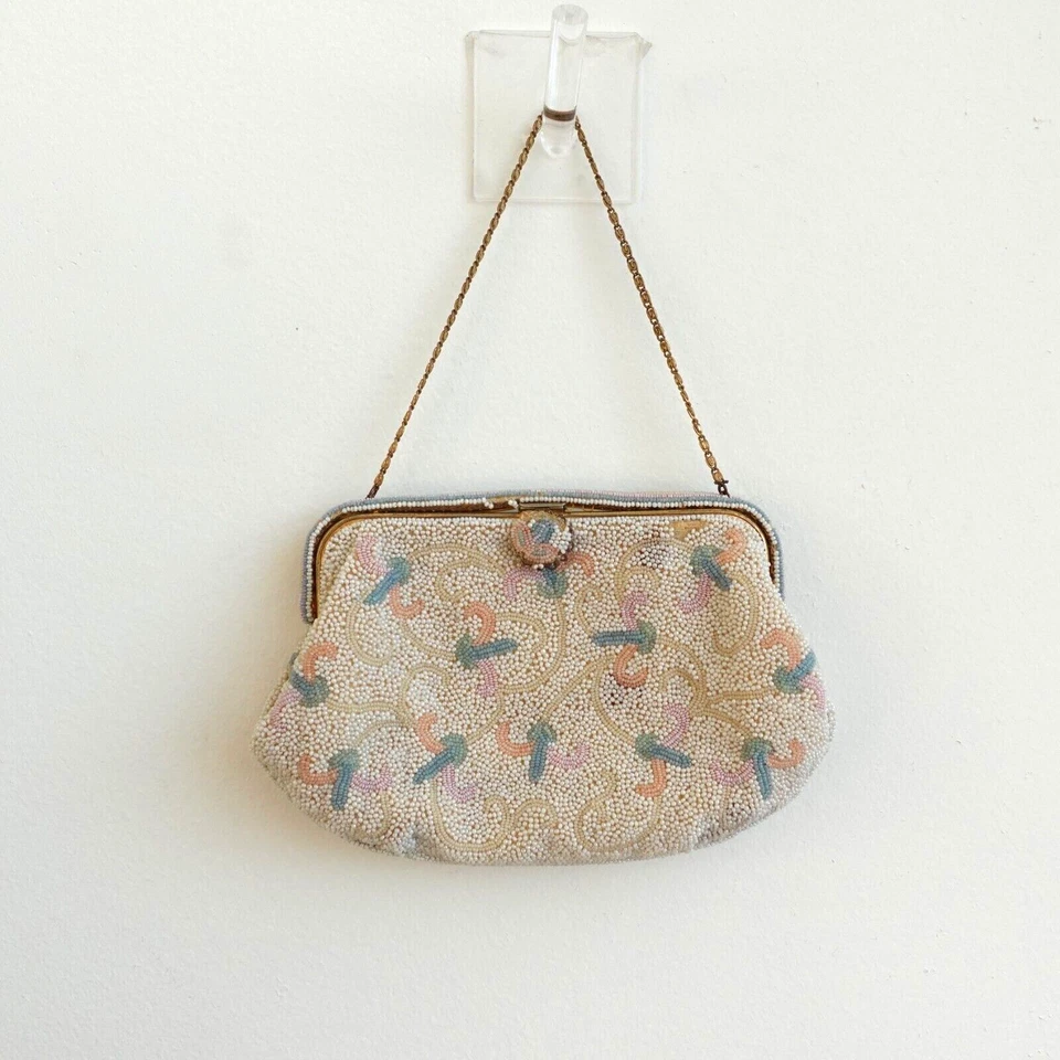 Vintage 80s Josef Purse White Beaded Evening Clutch Flora Handmade in FRANCE 70s - Image 2 of 4