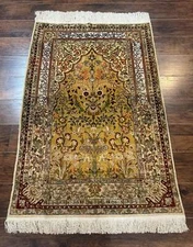 Silk Turkish Hereke Rug 3x5, Gold, Silk with Metal Threads, 700 KPSI