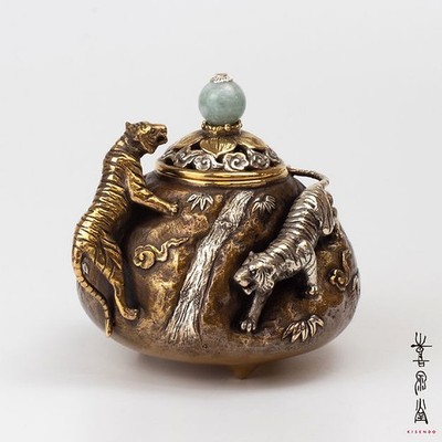 Japanisch Räuchergefäß Jade Tiger & Wasser Durchfluss Motiv, Takaoka Metalcraft