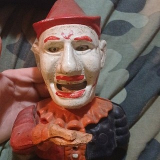 Vintage Cast Iron Mechanical Bank Clown Red and Black Outfit