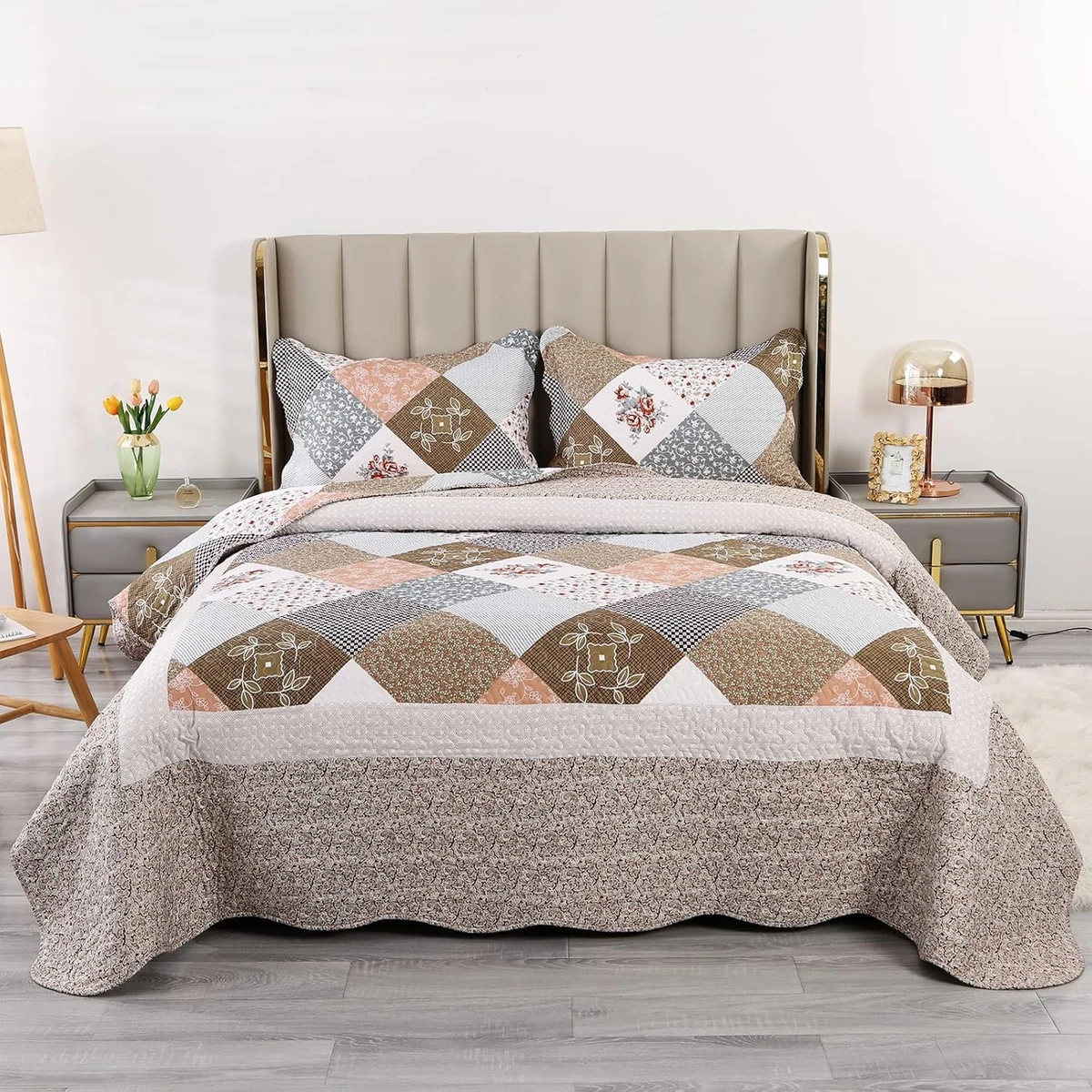 Trapunta Copriletto Floreale King Size 3 Pezzi, Microfibra Ultra Morbida, 299x269 Cm Con 2 Federe 50x91 Cm