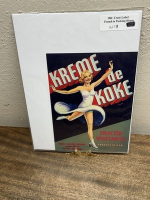Vintage, Unused KREME DE KOKE Vegetable Label, Ice Skater || Salinas, Ca.