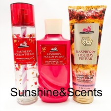3-SET Bath Body Works MILK BAR RASPBERRY HOLIDAY PIE BAR Mist Cream  Shower Gel