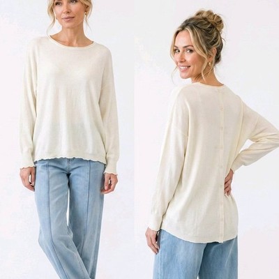 Damen Feinstrick Pullover Creme Knopfleiste Rücken One Size 38 40 42 Pulli Italy