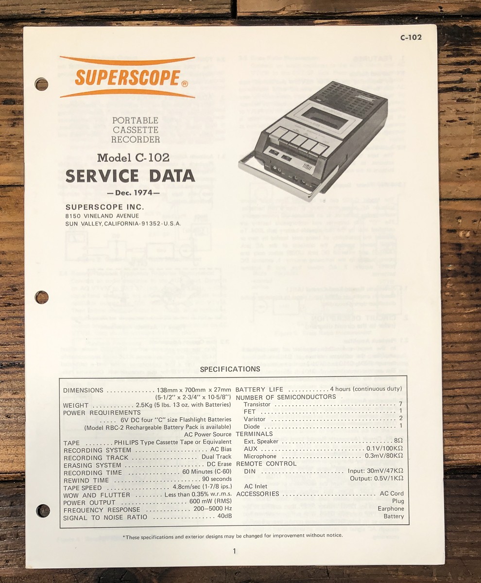 Superscope C-102 C102 Cassette Service Manual *Original*