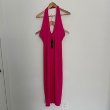 Fashion Nova Womens Dress Halter Midi M Pink Textured V-Neck Open Back NWT