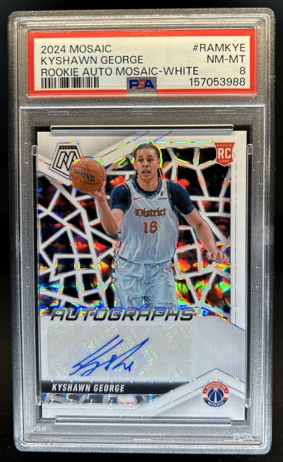 2024-25 Panini Mosaic Kyshawn George Mosaic Rookie Auto RC White #/25 PSA 8 view 1