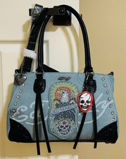 ED HARDY MultiCOLOR Skull EAGLE Rhinestone LOGO Blue DENIM Shoulder TOTE Bag NWT