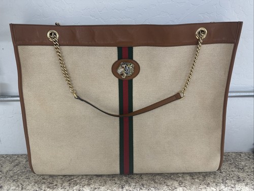 Gucci Rajah Tiger Head Chain Linen Large Tote Bag Beige