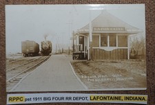 RPPC post 1911 BIG FOUR RR DEPOT, LAFONTAINE, INDIANA. Postcard REAL PHOTO TRAIN