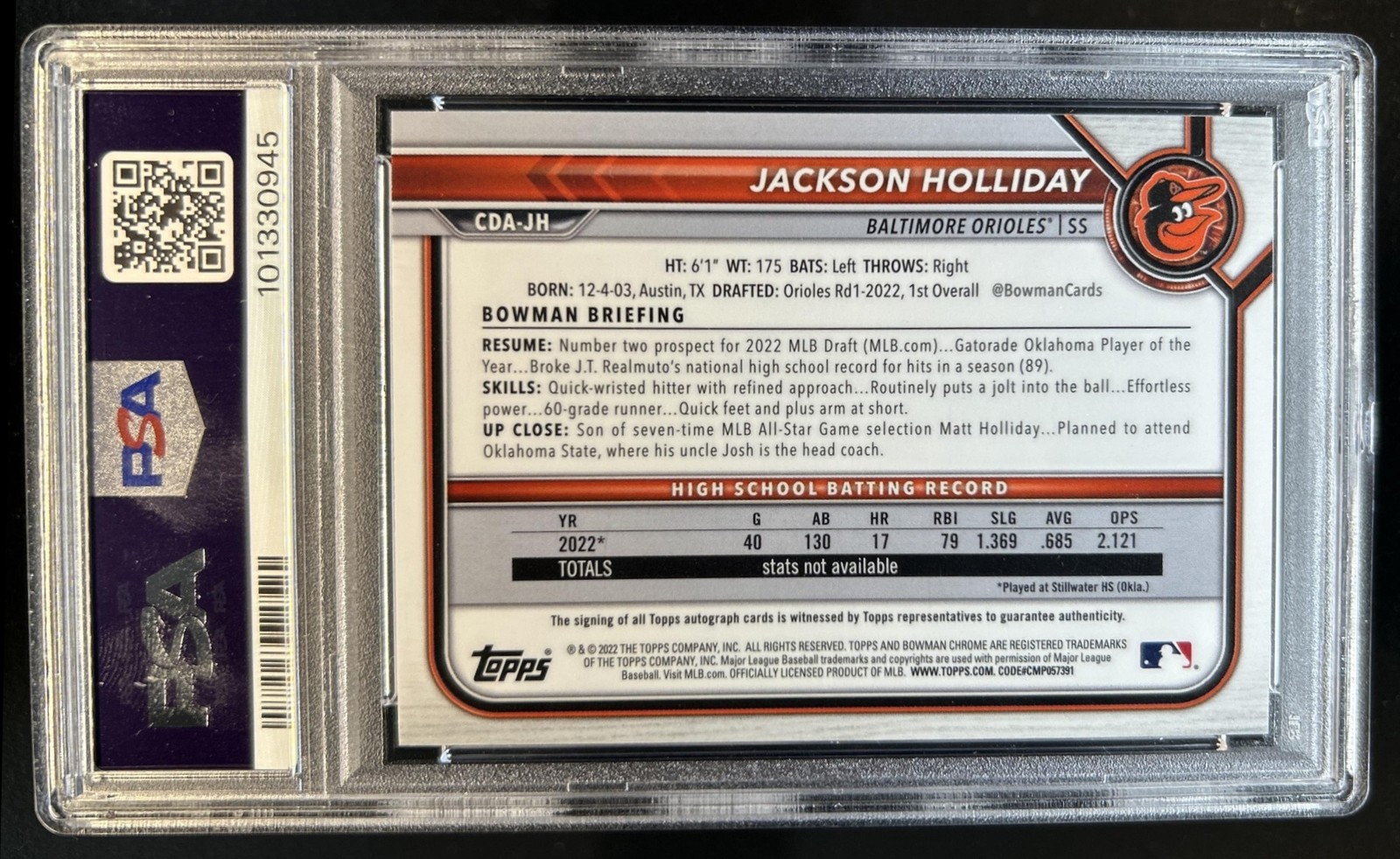 2022 Bowman Draft Jackson Holliday Chrome Auto Sparkle Refractor 1st #/71 PSA 9 view 2