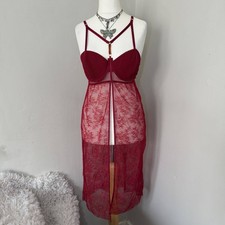 Victoria Secret Red Lace Lingerie Dress 36D Y2K Sheer Slip Strappy Baby Doll