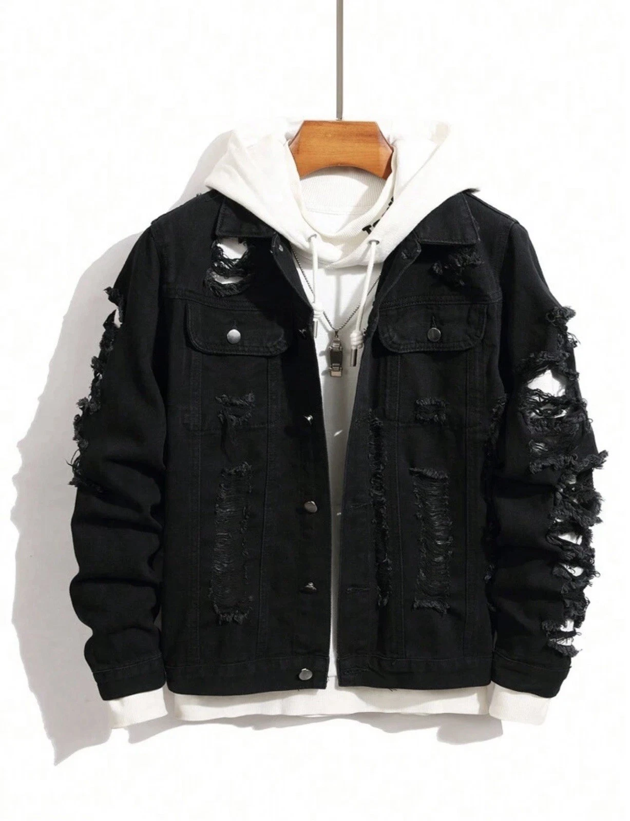 Men’s Distressed Denim Trucker Jacket Button Up Casual Long Sleeve Coat