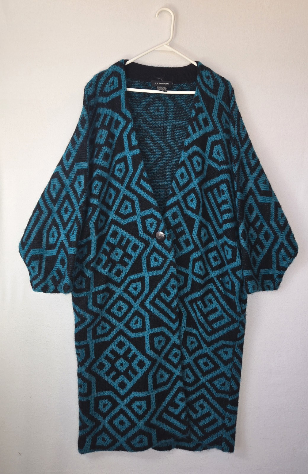 Vtg I.B. Diffusion Mohair Wool Blend Long Cardigan Sweater Dust Coat Aztec