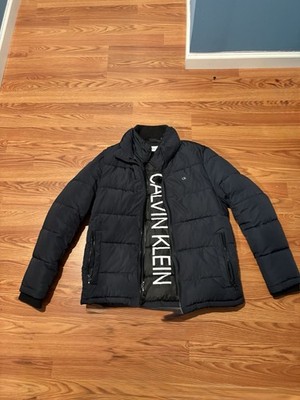 Calvin Klein Black Quilted Puffer Jacket Men Zipper Logo Chest Size CH