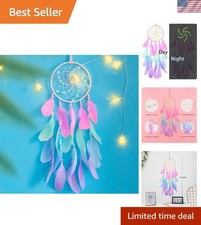 Enchanting Handmade Luminous Dream Catcher with Pink Feathers for Serenity
