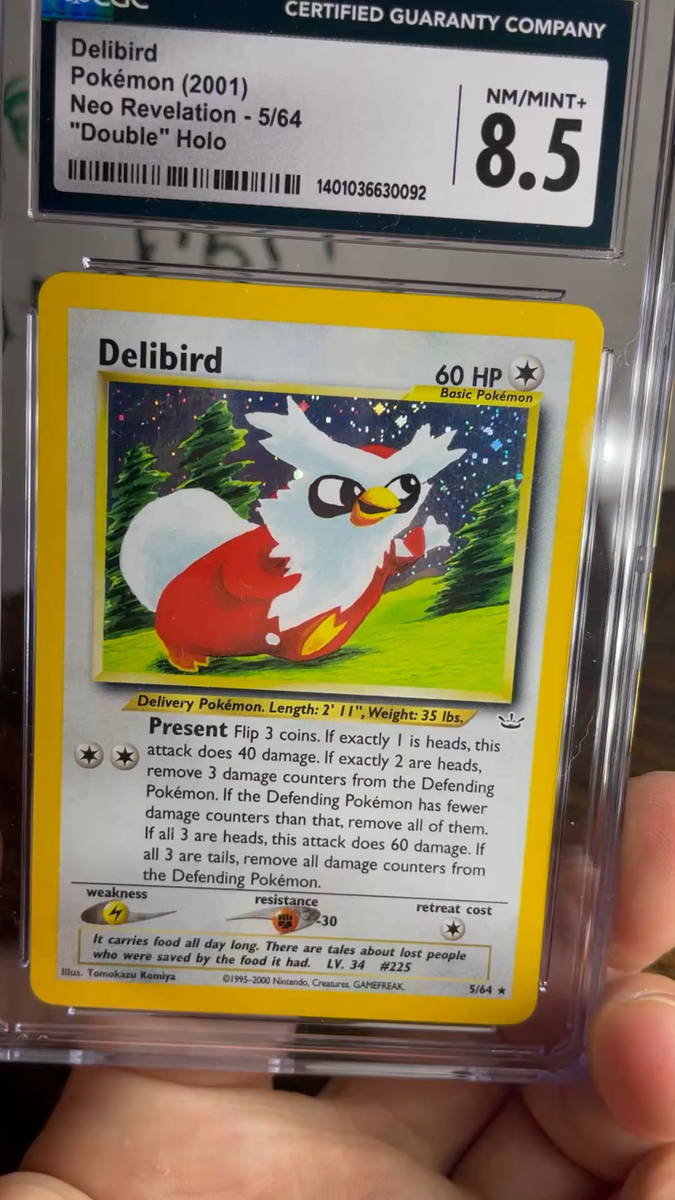 ✨ 2001, NEO REVELATION “DOUBLE HOLO” ERROR, DELIBIRD, CGC 8.5