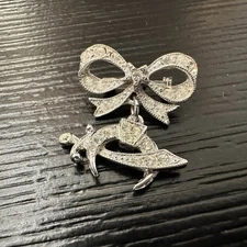 Vintage ORA Shriner Sword Crescent Rhinestone Bow Dangle Pin Brooch Silver Tone