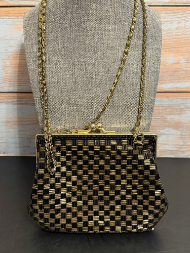 VTG Black & Gold beaded evening clutch Crossbody gold tone chain strap READ