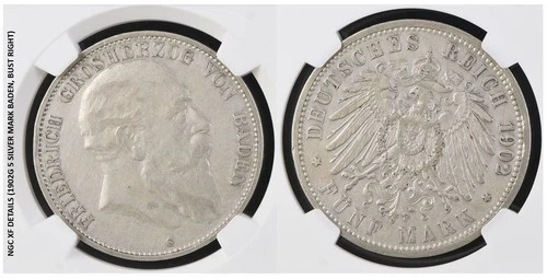 1902G German States BADEN 5 Mark (NGC XF Details Certified, BUST RIGHT)
