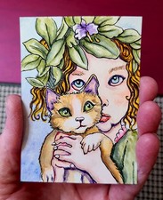 ACEO Original Painting OOAK - Fairy And Kitten - Cat - Bartshe