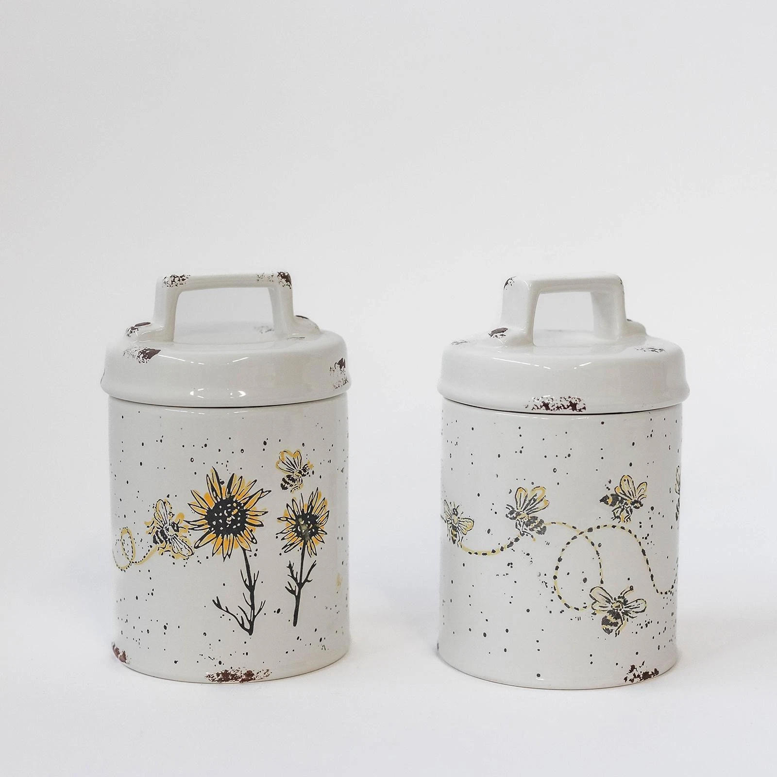 Set Of 2 Rustic Look Lidded Bees And Sunflowers Canister