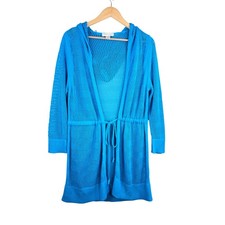 Christopher Banks open knit crochet Cardigan sz L Mesh boho beach teal