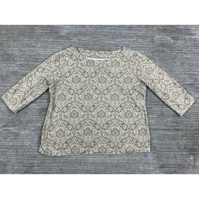 Kim Rogers Top Womens PS Tan Green Paisley Damask Boat Neck 3/4 Sleeve Petite