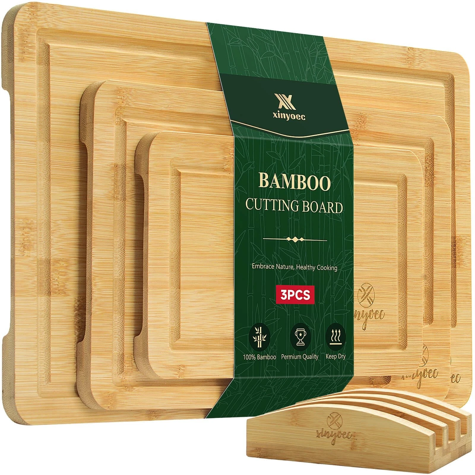 Bamboo Cutting Board Set for Kitchen - Set of 3 with Groove and Cutting Board...