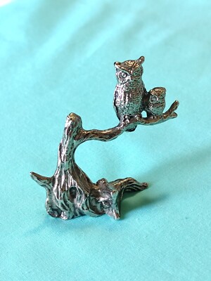 Small Metal Miniature Owls In Tree Figurine Fairy Garden Crafting Nick Nack