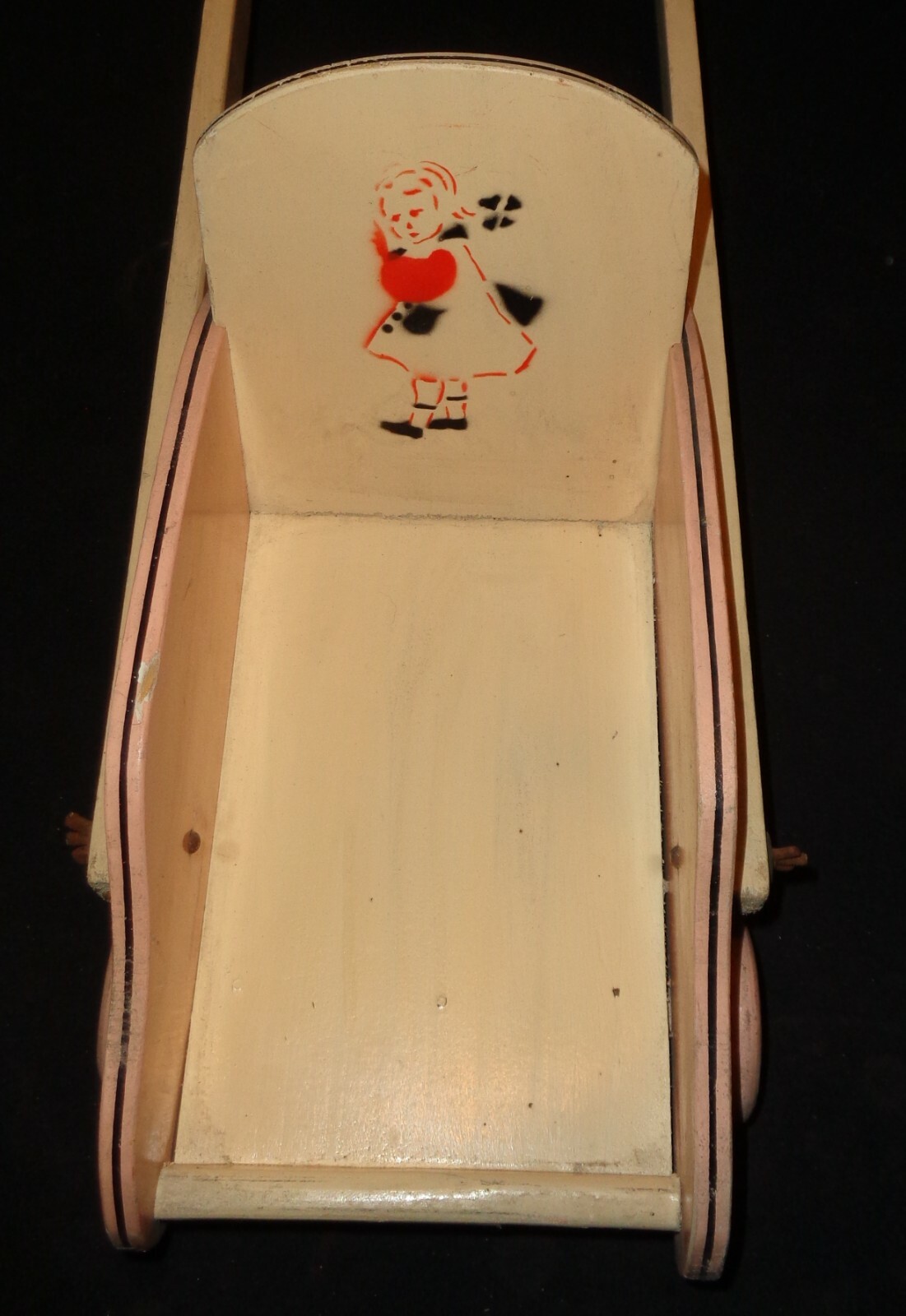 CARROZZINA ROSA IN LEGNO DA BAMBOLA TOY DOLL GIOCATTOLO PASSEGGINO VINTAGE