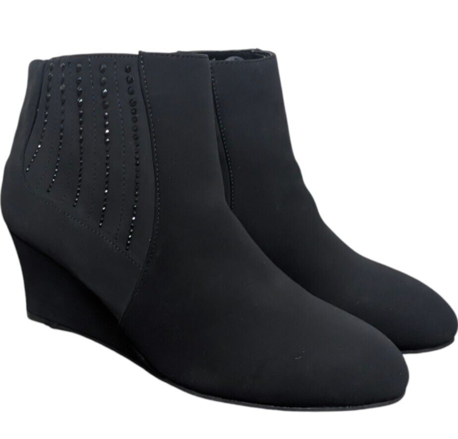 Impo Natania Booties Womens Sz Black Suede Rhinestone Bedazzled Wedge  Boot