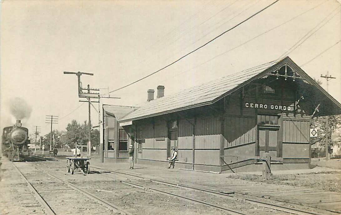 C R Childs Real Photo Postcard Railroad Depot & Train, Cerro Gordo