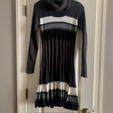 Calvin Klein Sweater Dress Womens Medium Gray Knit Cowl Neck Shimmering Flare