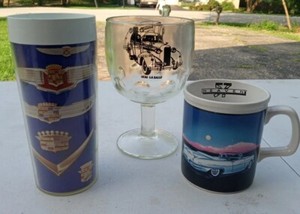 3 Cadillac Glasses,LaSalle Goblet, Enesco 57 Cadillac Mug, Cadillac Tumbler