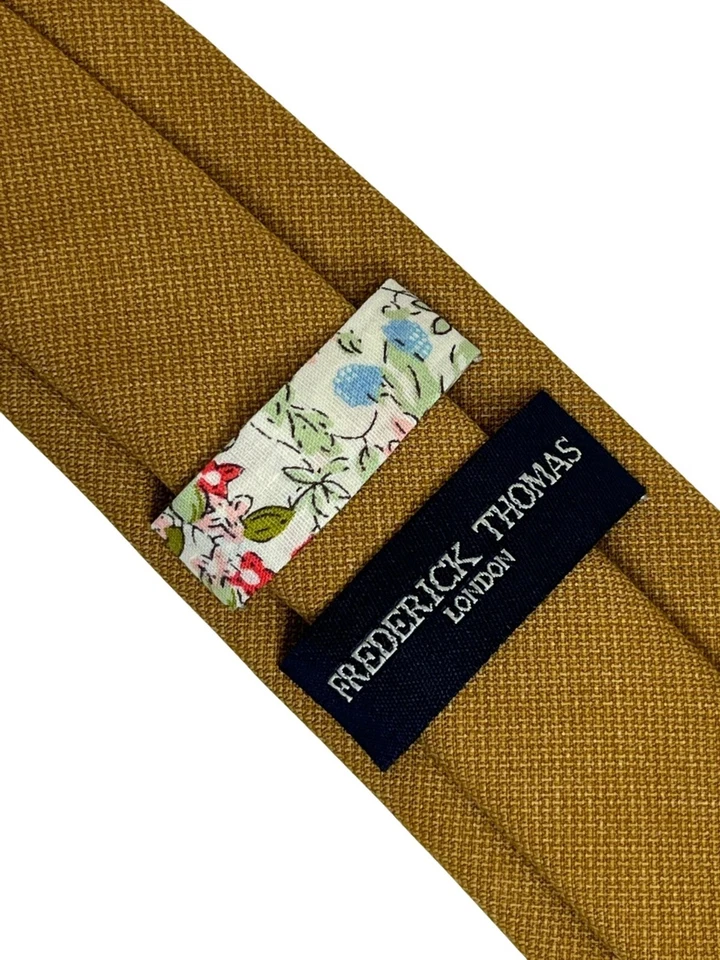 Frederick Thomas Diseñador Mostaza Amarillo Antiguo Oro Marrón Algodón Corbata Hombre Foto 3 de 4