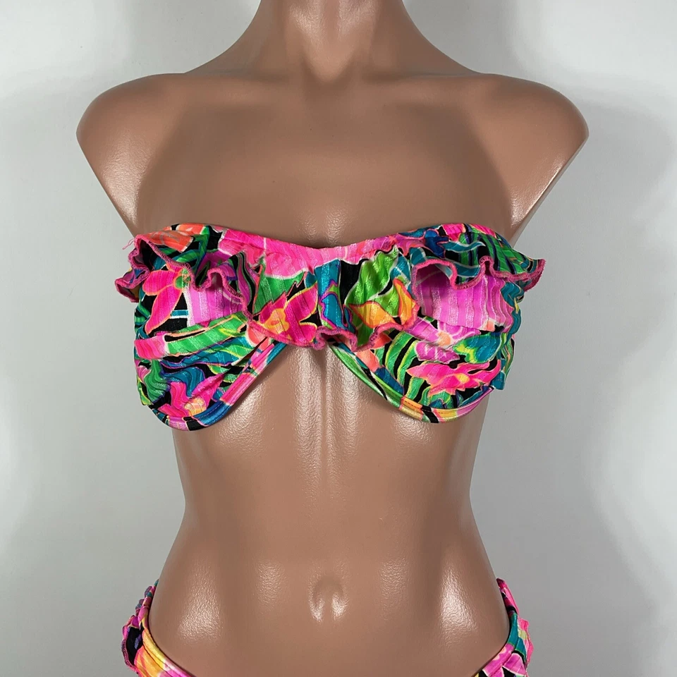 VTG Electric Beach Jantzen 2pc Bikini Swimsuit Underwire 80s 90s Neon Floral 14 - Image 3 of 4
