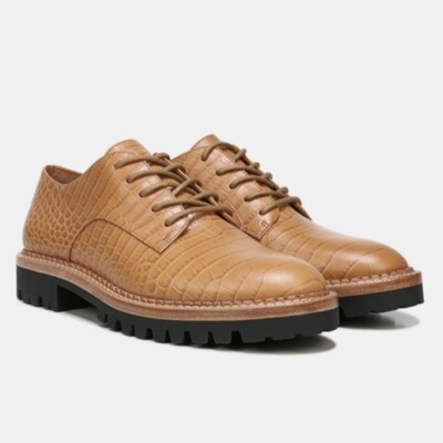 $375 VINCE Camilla Lug Platform Leather Embossed Derby in Tan - Size 10