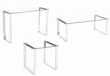 Tempered Glass End Coffee Console Table Set with Stainless Steel Chrome Legs
