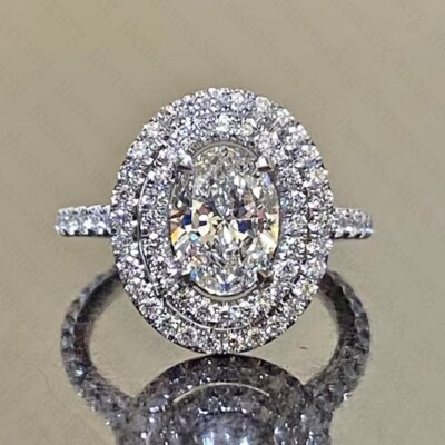 Klassischer ovaler Moissanit-Doppel-Halo-Verlobungsring 1,9 kt 14 kt Weißgold plattiert