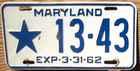 Item photo. Show Listing Details page. Listing 1961 Maryland License Plate Number Tag - Star
